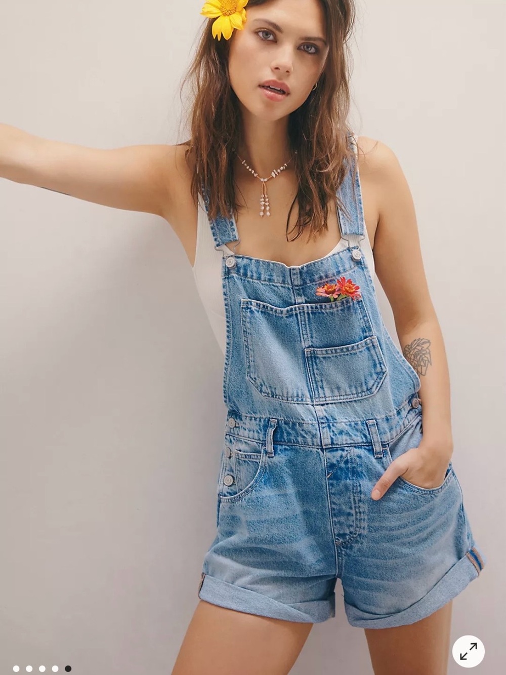 Free People We The Free Ziggy Shortalls Large 100% Cotton Blue Jean Overalls - Picture 2 of 14